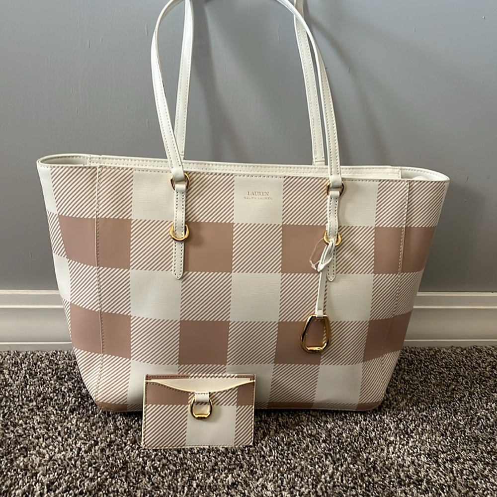 Lauren Ralph Lauren Bennington Pink Gingham Tote Lauren Ralph Wallet